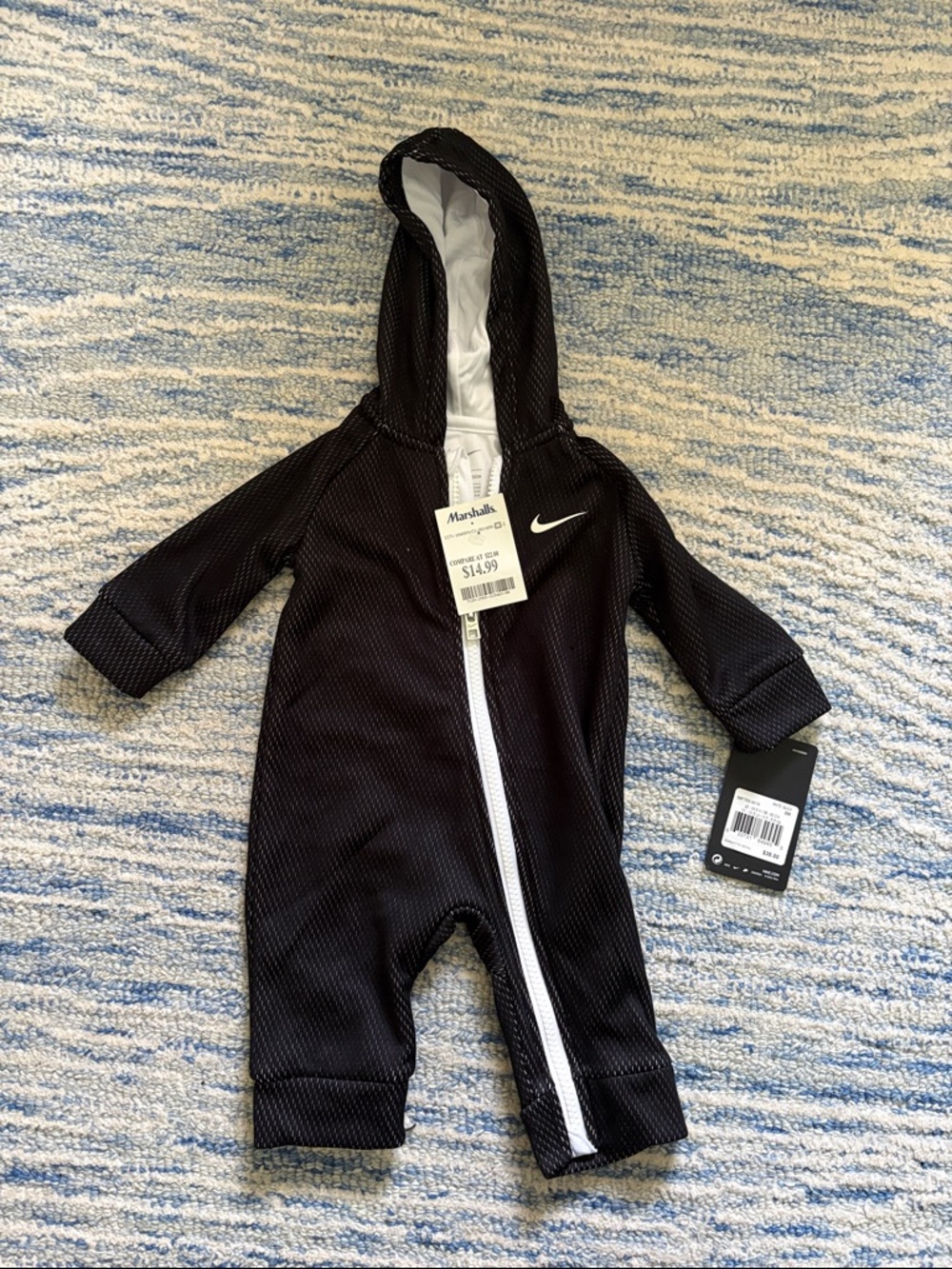 Nike Black Hooded Zip Baby One-Piece with White Trim